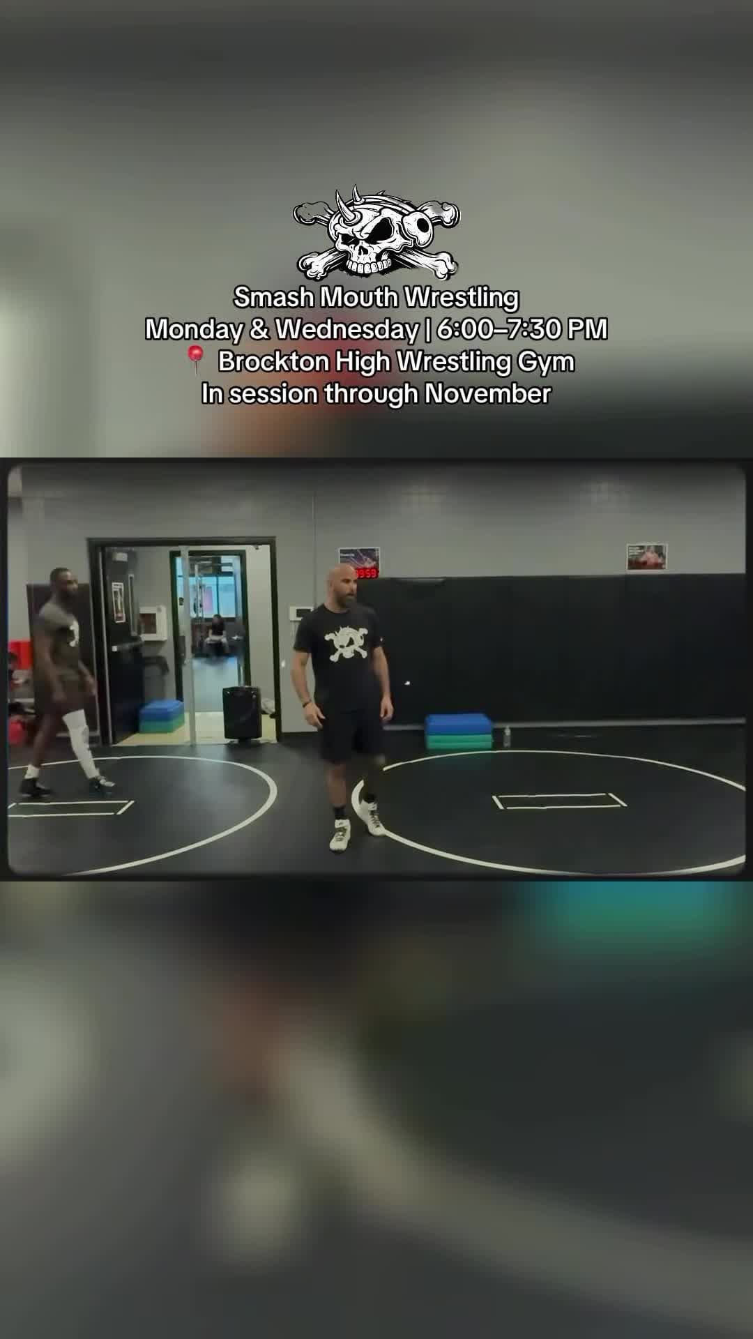 Smash Mouth Wrestling Instagram reel frame from Brockton High wrestling gym